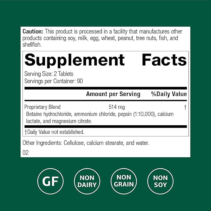 Standard Process Betaine Hydrochloride - Supplement for Gastrointestinal pH Support - Supports Digestive Health &amp Iron Absorption - Gluten-Free Non-Dairy &amp Non-Soy - 180 Tablets (90 Servings)