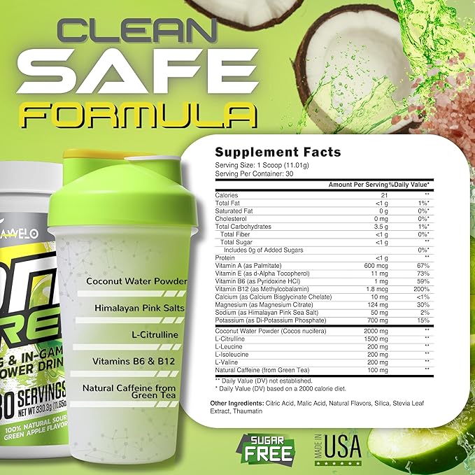 ON-FIRE Sport Drink for Kids – Electrolytes No Sugar | Instant Hydration Powder with Coconut Water BCAAs Green Tea &amp Stevia | Water Boy Hydration for Young Athletes 12+ | Green Apple Drink Mix |