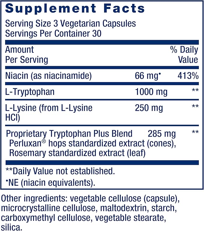 Life Extension Optimized Tryptophan Plus 1000mg - L-Tryptophan Supplement with Niacin and L-Lysine for Healthy Sleep &amp Stress Response – Gluten-Free Non-GMO Vegetarian - 90 Capsules