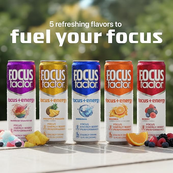Focus Factor Energy Drink - 12 x 355ml Cans (Pineapple Paradise Flavor) - with Focus + Energy - Lightly Carbonated Sugar Free Low Calorie with Vitamin B6 &amp Vitamin B12