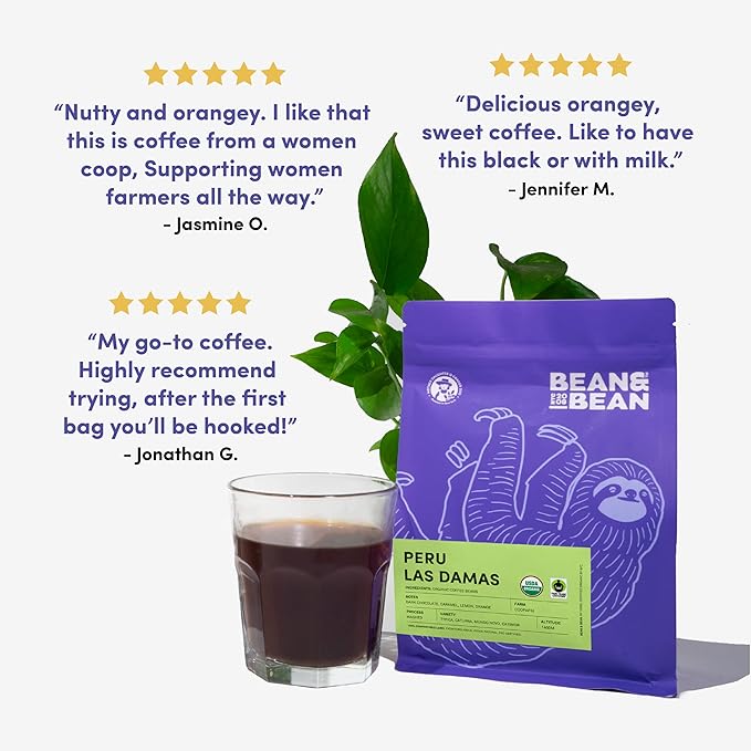 Bean &amp Bean Peru Las Damas Single Origin Coffee – Peruvian Organic Ground Coffee – Velvety Caramel Coffee – Sweet Smooth and Complex Coffee – Fair Trade Coffee - Ground Medium Roast 11oz