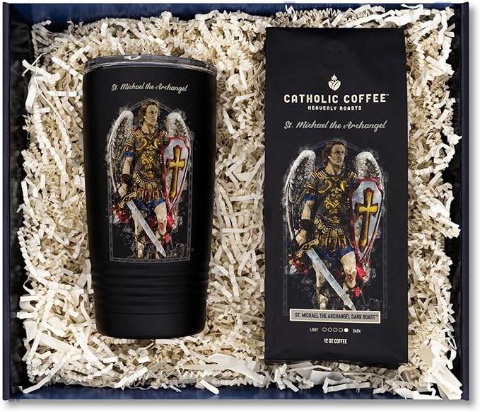 Catholic Coffee St. Michael the Archangel Dark Roast Ground Coffee &amp Tumbler Gift Set – 12oz Bag Christmas Gift for Coffee Lovers Catholic Holiday Box