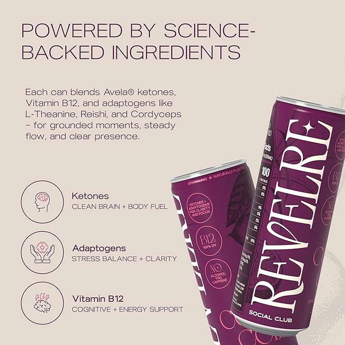 Revelre Functional Social Tonic with Ketones and Adaptogens - Mindful Blend for Focus and Calm - Ketones Magnesium B12 Reishi &amp Cordyceps Mushrooms - Non Alcoholic - Cosmic Cola 12 oz (12 Pac