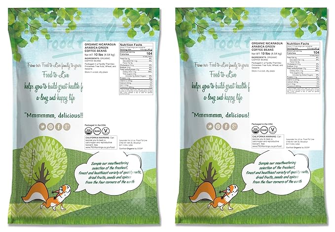 Food to Live Organic Nicaragua Arabica Green Coffee Beans 20 Pounds – Whole Unroasted Washed Bean. Fresh Crop. No-GMO Vegan Bulk