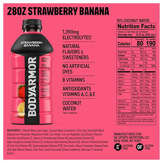 BODYARMOR Sports Drink Strawberry Banana Electrolyte Drink Hydration 28 Fl Oz Bottles (15 Pack) Flavored Coconut Water with B Vitamins &amp Antioxidants