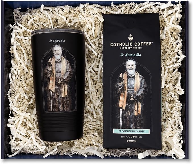 Catholic Coffee Padre Pio Italian Blend Medium Roast Ground Coffee &amp Tumbler Gift Set – 12oz Bag Christmas Gift for Coffee Lovers Catholic Holiday Box