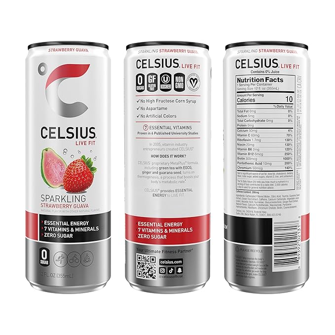 CELSIUS Sparkling Strawberry Guava Functional Essential Energy Drink 12 Fl Oz (Pack of 12)