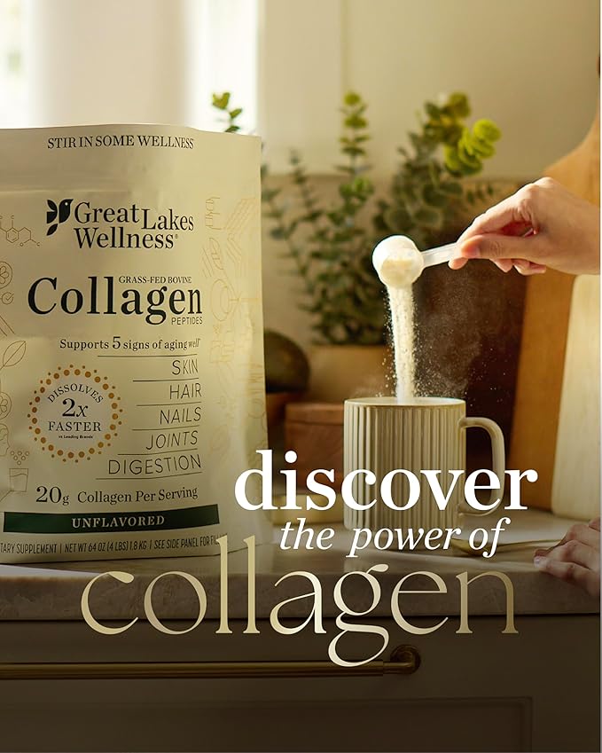 Great Lakes Wellness Collagen Peptides Powder – Supports Skin Hair Nails Joints &amp Digestion – Hydrolyzed Quick Dissolve Non-GMO Keto &amp Kosher – Pure Collagen Protein (32 oz 45 Servings)