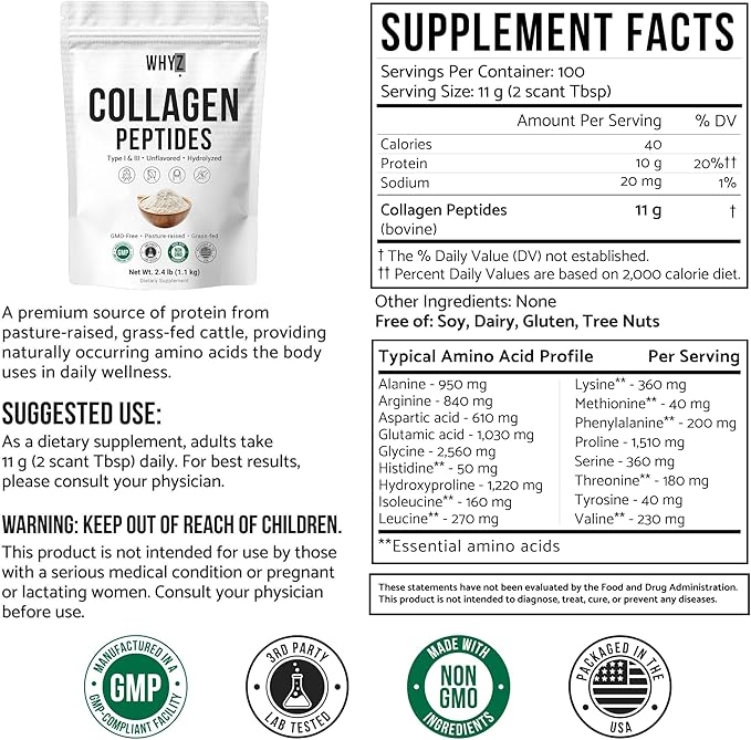 Bovine Collagen Peptides Powder Hydrolyzed Type I &amp III Protein Grass-Fed Pasture-Raised Source Unflavored Collagen Supplement Paleo-Friendly for Active Lifestyles &amp Wellness Non-GMO 2.4lb