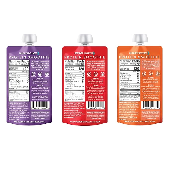 Designer Wellness Protein Smoothie Real Fruit 12g Protein Low Carb Zero Added Sugar Gluten-Free Non-GMO No Artificial Colors or Flavors Variety Pack 12 Count