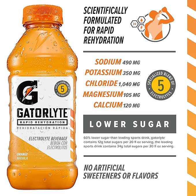 Gatorlyte Rapid Rehydration Electrolyte Drink 3 Flavor Variety Pack Specialized Blend of 5 Electrolytes Lower Sugar No Artificial Sweeteners No Artificial Flavors 20 fl oz Bottles (12 Pack)