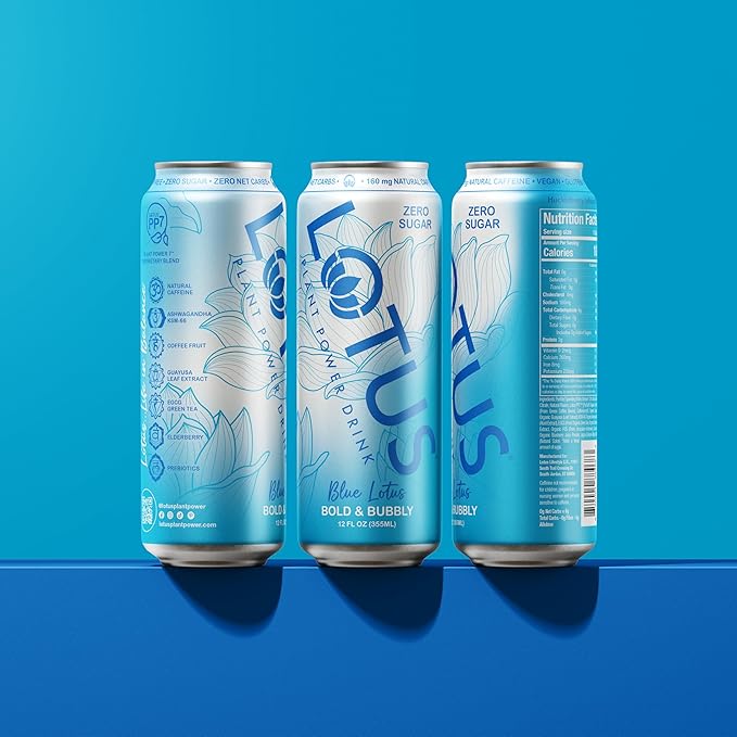 Blue Lotus Plant Power Drink™ | Sugar Free Low Calorie | 160 mg Natural Caffeine from Green Coffee Bean | Plant-Based Ingredients | Zero Sugar | 10 Calories | 12 oz Cans | 12 Count