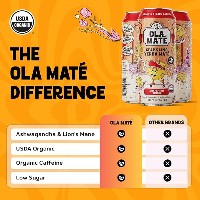 Yerba Mate Energy Drink - Low Sugar Sparkling Tea Cans with Ashwagandha Lion’s Mane USDA Organic Clean Energy Drink with 150mg Natural Caffeine Ola Mate Grapefruit Ginger