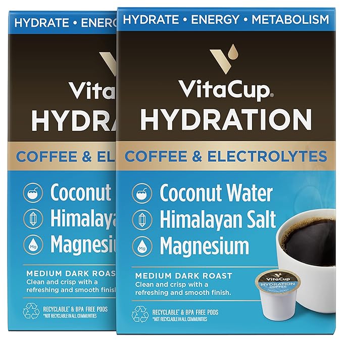VitaCup Hydration Coffee Pods Coffee That Hydrates You w/Electrolytes Coconut Water Pink Himalayan Salt Magnesium Medium Roast Single Serve Pod compatible with Keurig K-Cup Brewers 36Ct