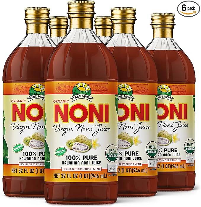 Virgin Noni Juice - 100% Pure Organic Hawaiian Noni Juice - 6 Pack of 32oz Glass Bottles