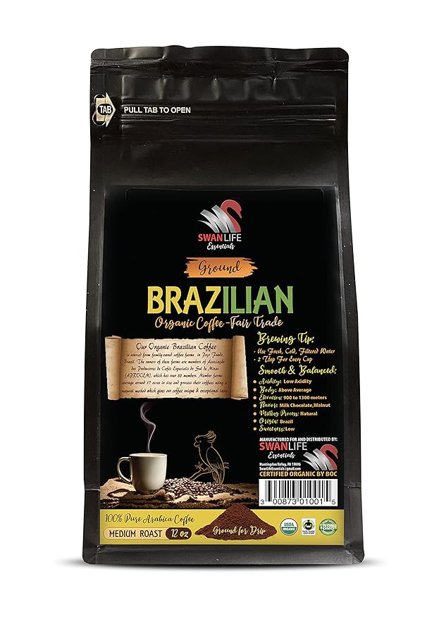 organic coffee high caffeine - BRAZILIAN GROUND COFFEE ORGANIC 100% Arabica Medium Roast low acidity Fair Trade non gmo - ground coffee bulk 3 Bags (36 Oz)