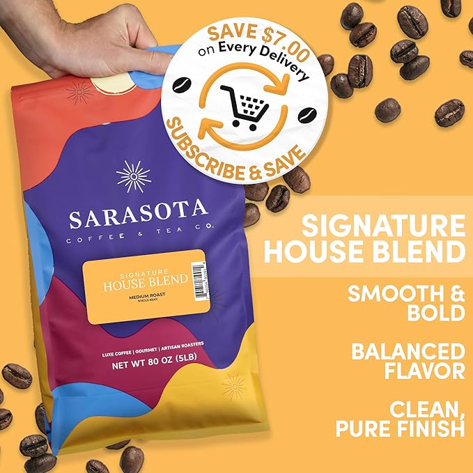 Sarasota Coffee Whole Bean Signature House Breakfast Blend | Medium Roast Gourmet Coffee Beans | Low Acid Mold Free Specialty Grade Bulk Beans | 5lb (80 oz)