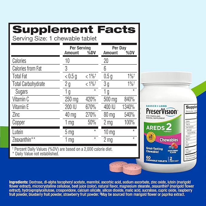 PreserVision AREDS 2 Eye Vitamins #1 Eye Doctor Recommended Brand Chewable Lutein and Zeaxanthin Supplement with Vitamin C Vitamin EZinc and Copper Mixed Berry 70 Tablets