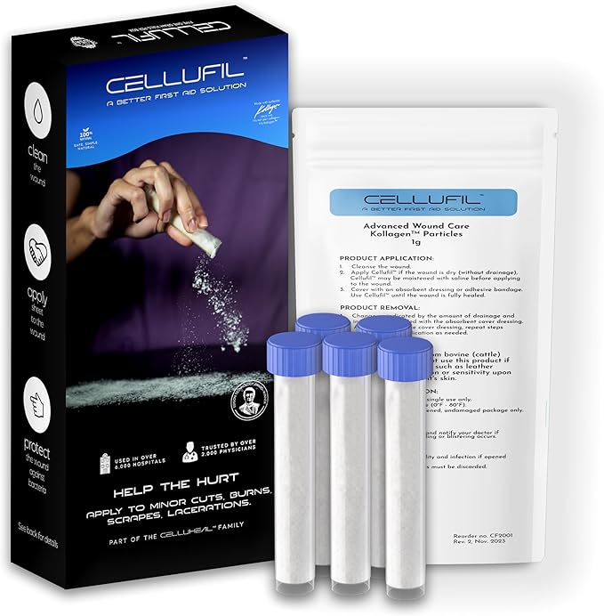 Cellufil Collagen Particles for Advanced Wound Care - 10 Vials - 100% Non-Hydrolyzed Bovine Collagen for Tissue Regeneration First Aid &amp Minor Bleeding