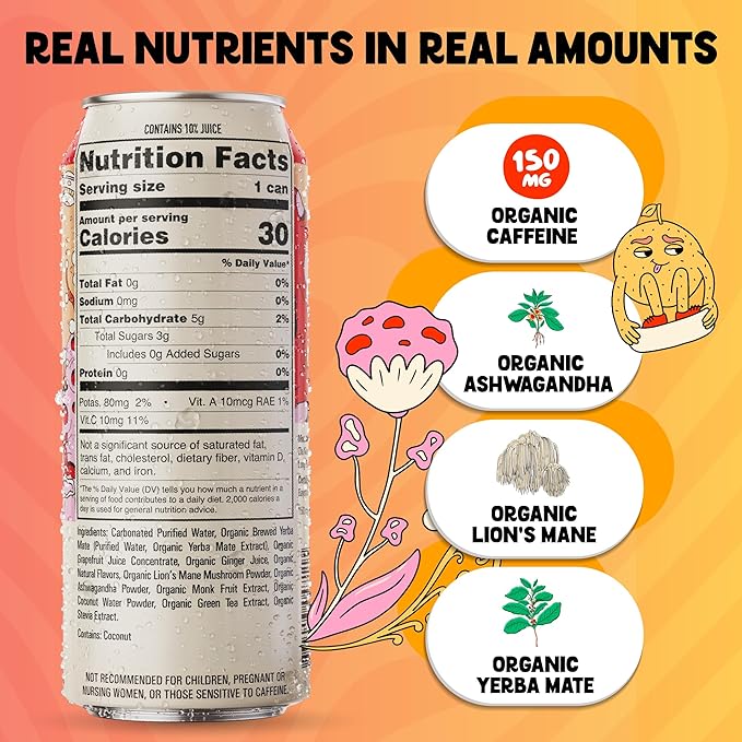 Yerba Mate Energy Drink - Low Sugar Sparkling Tea Cans with Ashwagandha Lion’s Mane USDA Organic Clean Energy Drink with 150mg Natural Caffeine Ola Mate Grapefruit Ginger