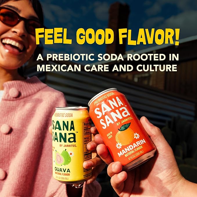 Sana Sana by Jarritos - Mexican Prebiotic Soda Soft Drinks Mandarin (12 oz 355ml) 12 Cans - 40 Calories 10g of Fiber - Low Sugar - Natural Flavor Soda Pop