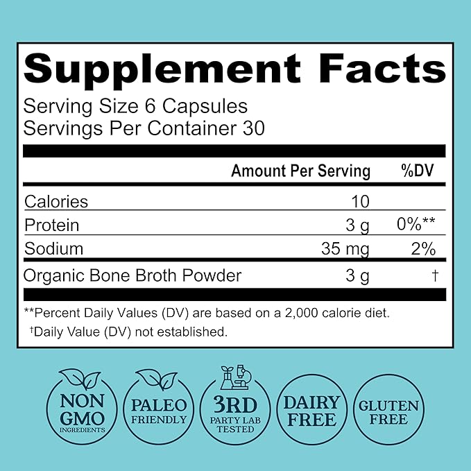 Grass-Fed Bone Broth Capsules with Collagen from Organic Bone Broth Powder. Collagen Supplement for Nails Hair Joints and Digestive Health* Support. Gut Friendly-Ingredients 180 Capsules