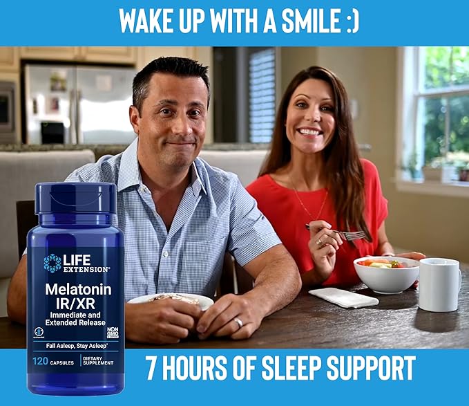 Life Extension Melatonin IR/XR 120 Capsules (Pack of 2) - Immediate &amp Extended-Release for 7 Hours Support - Night Time Supplement - Stay Asleep All Night Long - Non-GMO Gluten-Free