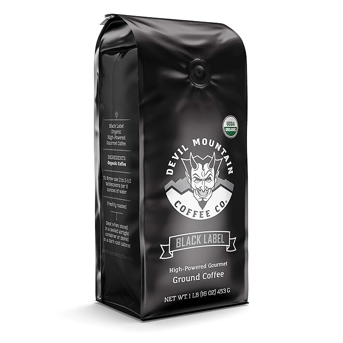 Devil Mountain Coffee Black Label Dark Roast Ground Coffee Strong High Caffeine Coffee Grounds USDA Organic Fair Trade Gourmet Artisan Roasted Strongest Coffee in the World 16 oz Bag