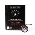 Whiskey Morning Coffee Texian Army Brew Double Smoked Dark Roast Coffee Pods Small Batch Fire Roasted with Pecan Wood &amp Cold Smoked with Cherry Wood 24 Count Bold &amp Strong Single Serve Pods