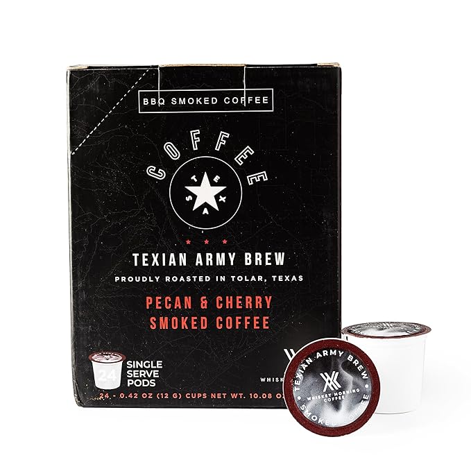 Whiskey Morning Coffee Texian Army Brew Double Smoked Dark Roast Coffee Pods Small Batch Fire Roasted with Pecan Wood &amp Cold Smoked with Cherry Wood 24 Count Bold &amp Strong Single Serve Pods