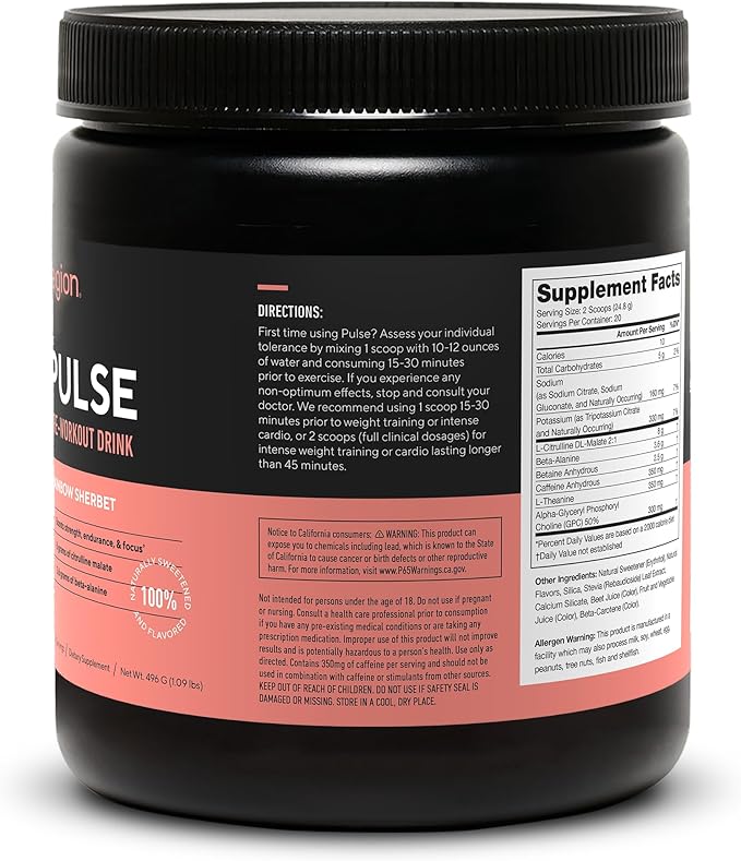 LEGION Pulse Pre Workout - All Natural Nitric Oxide Preworkout Drink to Boost Energy Creatine Free Naturally Sweetened Beta Alanine Citrulline Alpha GPC (Rainbow Sherbet)