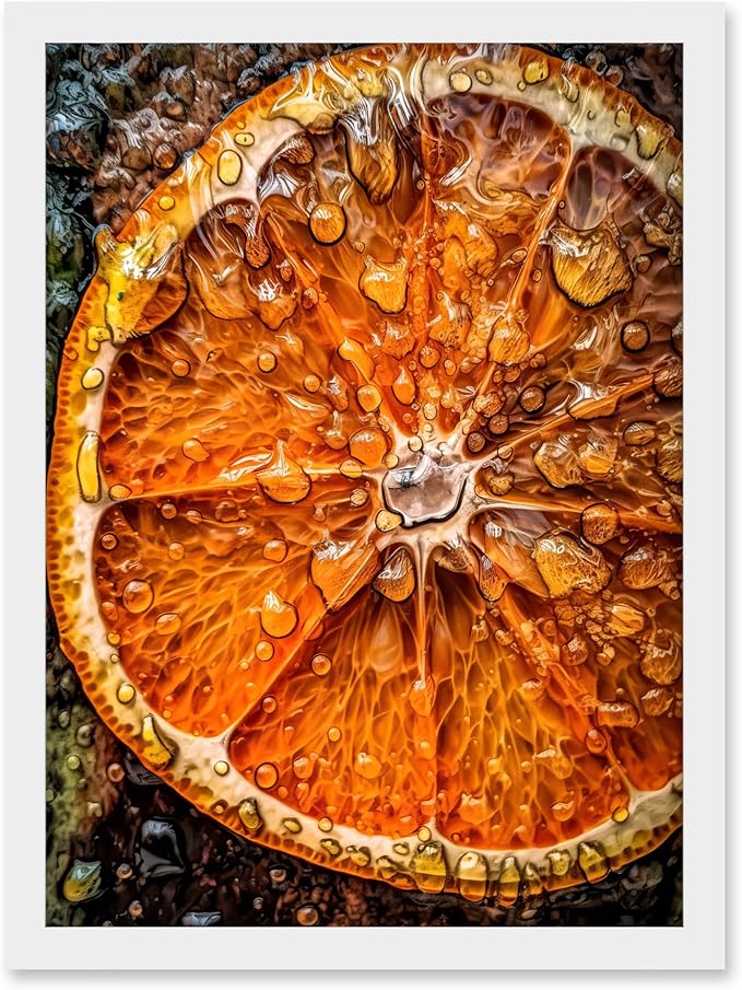 Artery8 Orange Slice with Juice Droplets Macro Painting Artwork Framed A3 Wall Art Print