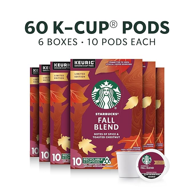 Starbucks K-Cup Coffee Pods Medium Roast Coffee for Keurig Coffee Makers Fall Blend 100% Arabica Limited Edition 6 Boxes (60 Pods Total)