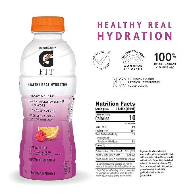 Gatorade Fit Citrus Berry Electrolyte Beverage 16.9 Fl Oz Bottles 12 Pack