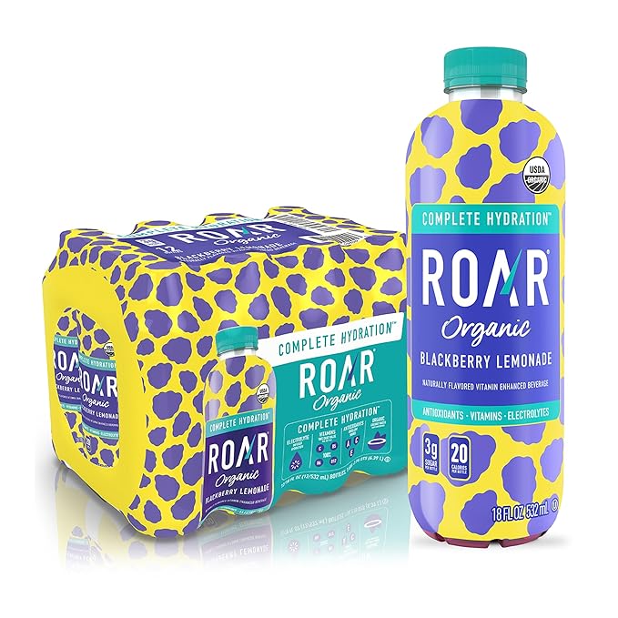 ROAR Complete Hydration Organic - Electrolyte Drinks Loaded with Vitamins C B5 B12 - Non-GMO Gluten-Free - Blackberry Lemonade - 12 pc