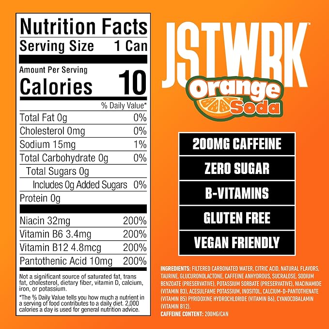 JST WRK Energy Drink - 12-Pack Sugar-Free Zero Calories No Sugar Alcohols 12 Fl Oz. 200 milligrams Caffeine (Orange Soda)