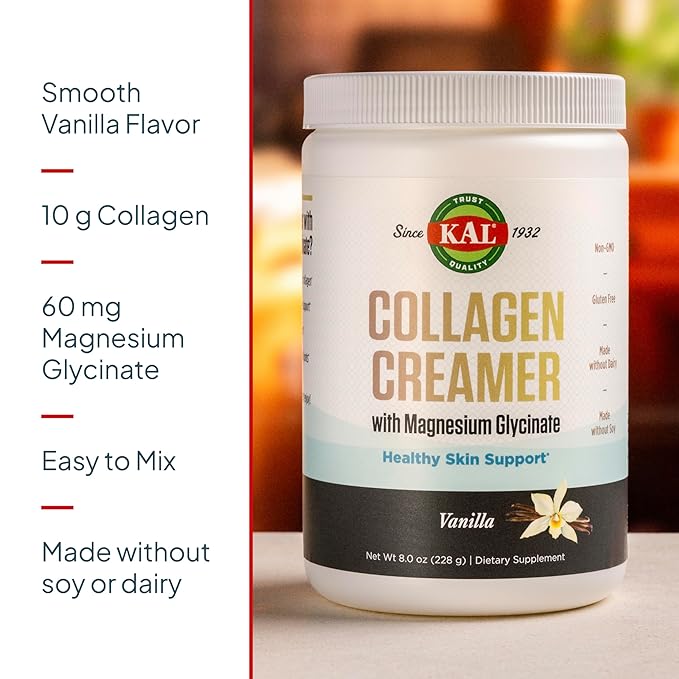 KAL Collagen Creamer Vanilla Flavor Keto Coffee Creamer with Coconut Milk Powder Hydrolyzed Collagen Powder Magnesium Glycinate Non Dairy Creamer 60-Day Guarantee 12 Servings 8 oz