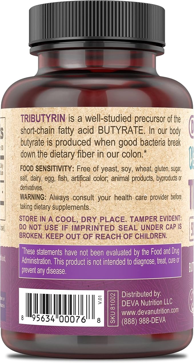 DEVA Vegan Tributyrin Supplement - Butyrate Precursor Gut Barrier Support Butyric Acid 500 MG Vegan Capsules Leaky Gut Support Digestion 90 Count (Pack of 2)