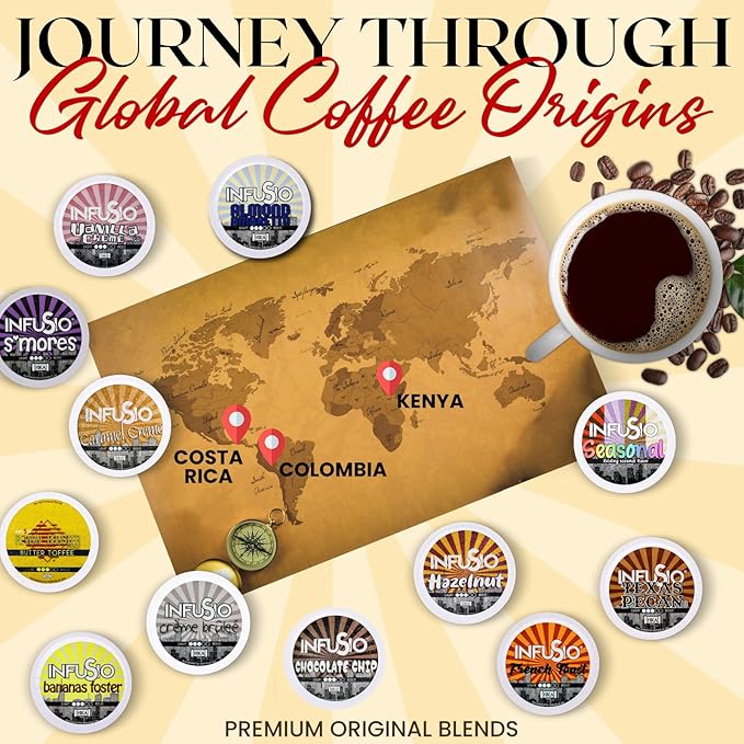 InfuSio Flavored Coffee Pods Variety Pack – 96 Count 12 Gourmet Medium Roast Dessert-Inspired Blends like Bananas Foster &amp Crème Brûlée Compatible with Keurig K-Cup 2.0 Brewers