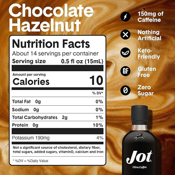 Jot Coffee Concentrate (Chocolate Hazelnut) High Caffeine Cold Brew Coffee Concentrate Liquid for Iced Coffees Instant Espresso Hot Cold Instant Coffees Makes 14 Cups 150mg Caffeine/Tbsp No Sugar