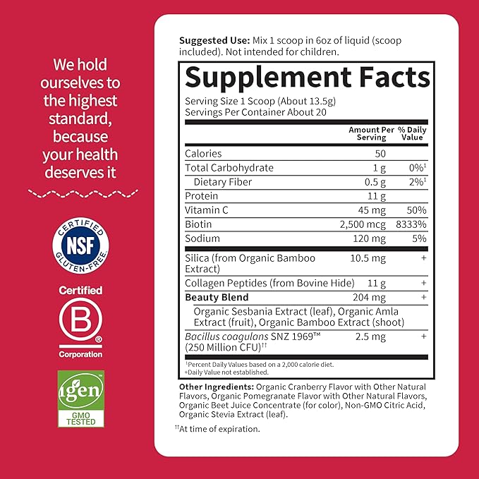 Garden of Life Grass Fed Collagen Beauty - Cranberry Pomegranate 20 Servings Powder for Women Men Hair Skin Nails Hydrolyzed Collagen Peptides Protein Powder Supplement