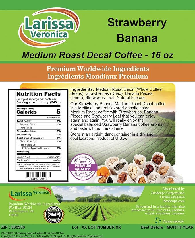 Strawberry Banana Medium Roast Decaf Coffee (Gourmet Naturally Flavored Whole Coffee Beans) (16 oz ZIN: 562938) - 3 Pack