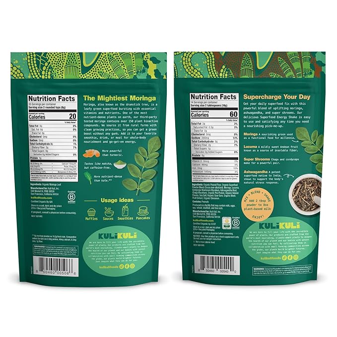 Kuli Kuli Moringa Oleifera Organic Leaf Powder &amp Green Smoothie 100% Pure USDA Certified &amp Non-GMO Moringa Powder Great with Smoothies Tea and Food Combo Pack