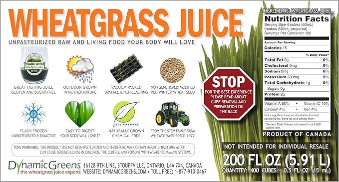 100% Wheatgrass Juice – Field-Grown Flash-Frozen Unpasteurized – 200 fl oz (400 x 0.5 fl oz Portions) – Dynamic Greens