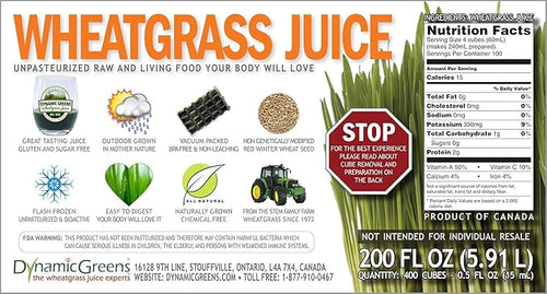 100% Wheatgrass Juice – Field-Grown Flash-Frozen Unpasteurized – 200 fl oz (400 x 0.5 fl oz Portions) – Dynamic Greens