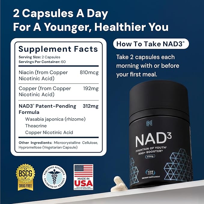HPN NAD3 Clinical NAD+ Booster Cellular Health &amp Natural Energy - NAD Supplement for Healthy Aging Metabolic Support NRF2 &amp Longevity Nicotinamide Riboside &amp NMN Alternative 120ct 60