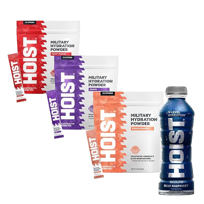 HOIST Premium Military Hydration Powder Stick Bundle – Blue Raspberry Grape Peach Mango &amp Fruit Punch – Rapid Electrolyte Hydration for Performance &amp Endurance