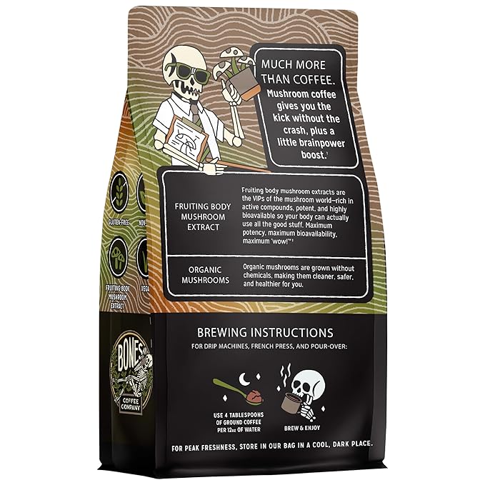 Bones Coffee Company Better Brain Mushroom Coffee Medium Roast &amp Dark Roast – Functional Coffee with Lion’s Mane &amp Chaga | Focus Energy &amp Clarity | Ground Coffee 2-Pack Virtual Bundle