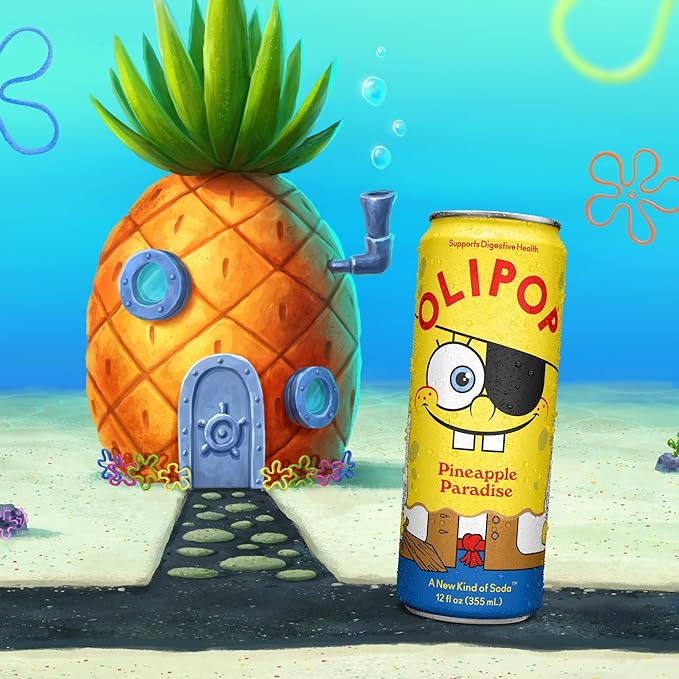 OLIPOP Prebiotic Soda Pop SpongeBob Pineapple Paradise Pantry Pack Packed with Prebiotics Fiber and Botanicals Gluten Free GMO Free 12oz Skinny Can (12-Cans)