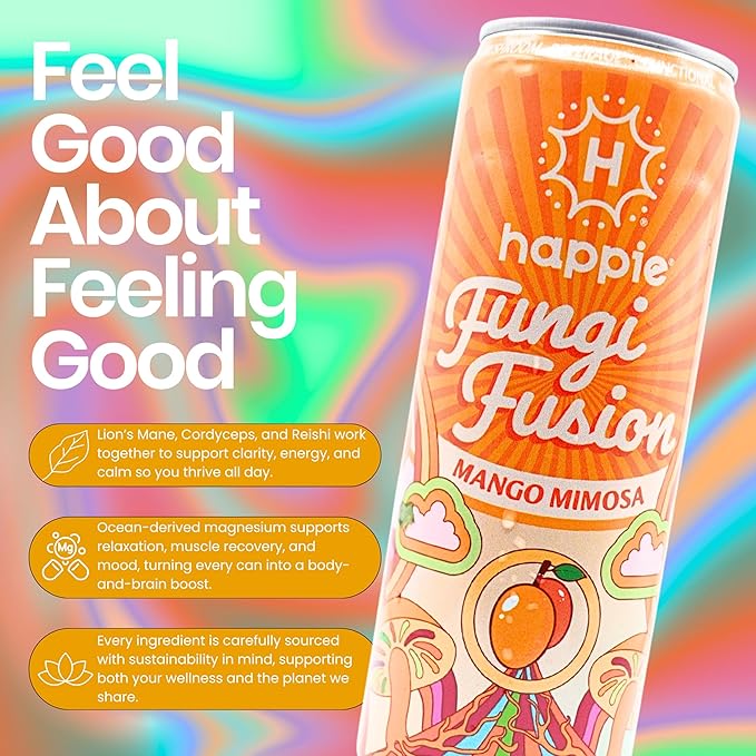 Happie Fungi Fusion Mango – Sparkling Adaptogen Drink with Lion’s Mane Cordyceps &amp Red Reishi – Plant-Based Nootropic 40 Calorie Zero Sugar Added Vegan Functional Soda Alternative (12 pack)